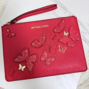 NEW Michael Kors Jet Set Red Saffiano Leather Butterfly Applique Wristlet Clutch